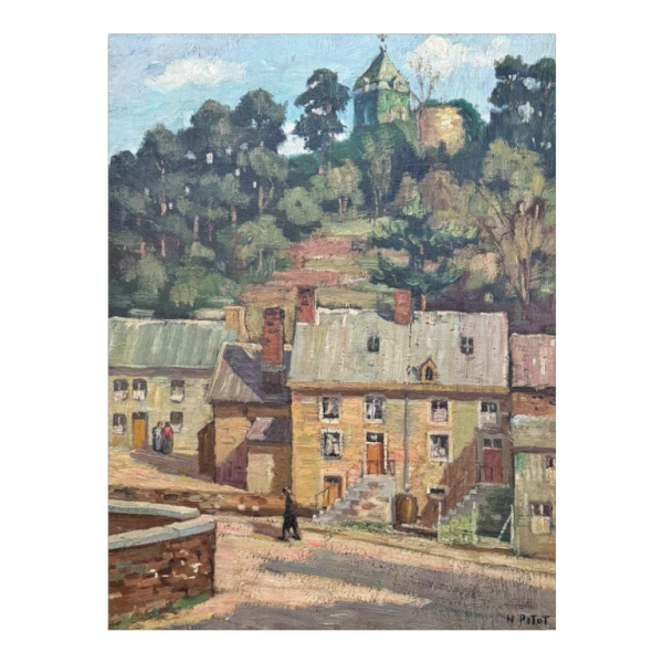Nicolas PITOT 'Comblain-au-Pont en de Sint-Martinus toren' schilderij olieverf op paneel, ca 1950
