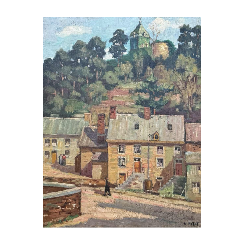 Nicolas PITOT 'Comblain-au-Pont en de Sint-Martinus toren' schilderij olieverf op paneel, ca 1950