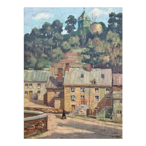 Nicolas PITOT 'Comblain-au-Pont en de Sint-Martinus toren' schilderij olieverf op paneel, ca 1950