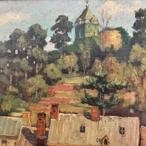 Nicolas PITOT ‘Comblain-au-Pont and the Saint Martin tower’ painting oil on panel, ca 1950