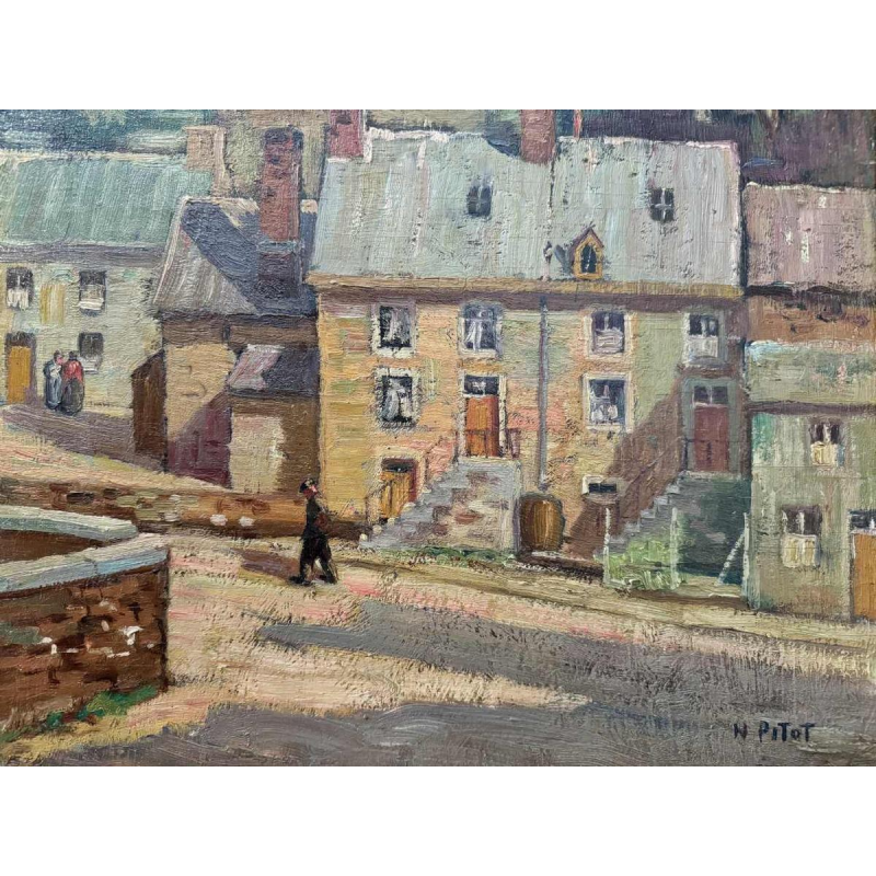 Nicolas PITOT ‘Comblain-au-Pont and the Saint Martin tower’ painting oil on panel, ca 1950