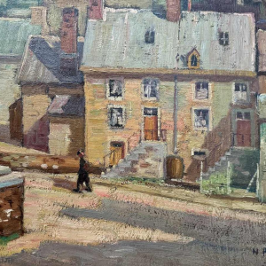 Nicolas PITOT ‘Comblain-au-Pont and the Saint Martin tower’ painting oil on panel, ca 1950