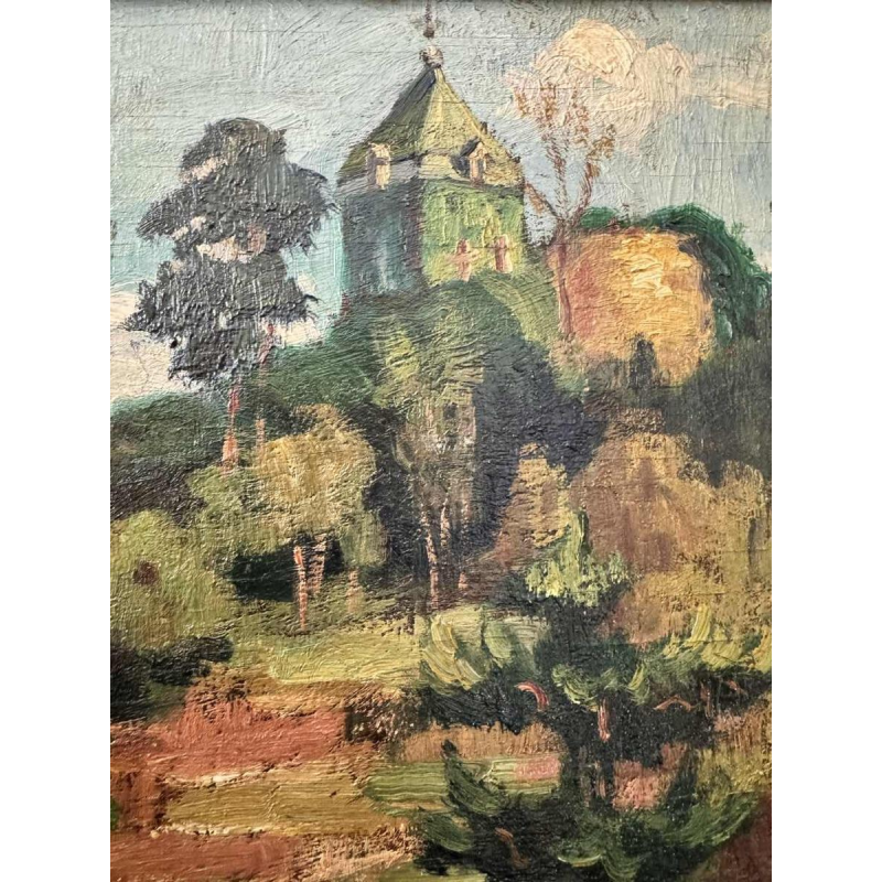 Nicolas PITOT ‘Comblain-au-Pont and the Saint Martin tower’ painting oil on panel, ca 1950