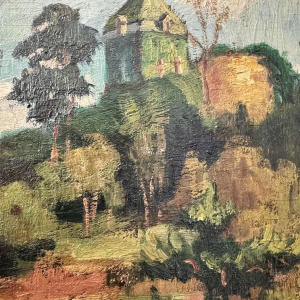 Nicolas PITOT 'Comblain-au-Pont en de Sint-Martinus toren' schilderij olieverf op paneel, ca 1950