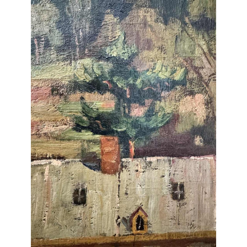 Nicolas PITOT ‘Comblain-au-Pont and the Saint Martin tower’ painting oil on panel, ca 1950