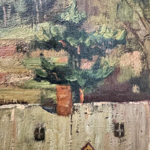 Nicolas PITOT ‘Comblain-au-Pont and the Saint Martin tower’ painting oil on panel, ca 1950