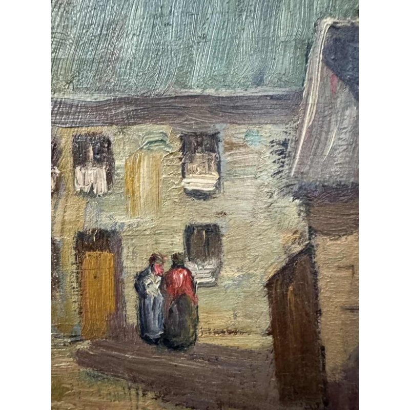 Nicolas PITOT 'Comblain-au-Pont en de Sint-Martinus toren' schilderij olieverf op paneel, ca 1950