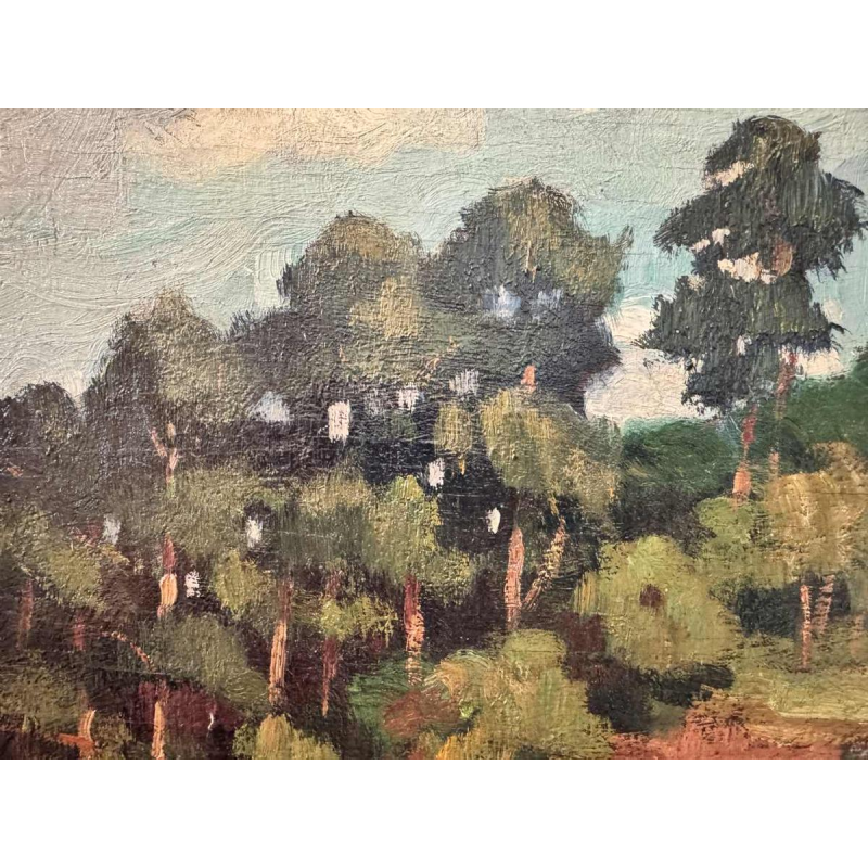 Nicolas PITOT ‘Comblain-au-Pont and the Saint Martin tower’ painting oil on panel, ca 1950