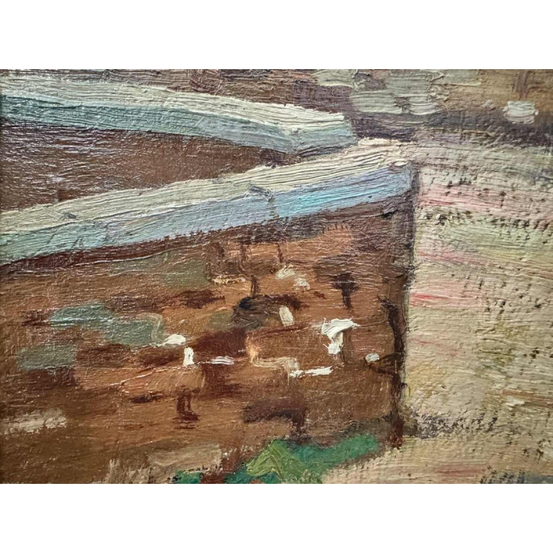 Nicolas PITOT 'Comblain-au-Pont en de Sint-Martinus toren' schilderij olieverf op paneel, ca 1950