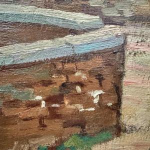 Nicolas PITOT 'Comblain-au-Pont en de Sint-Martinus toren' schilderij olieverf op paneel, ca 1950