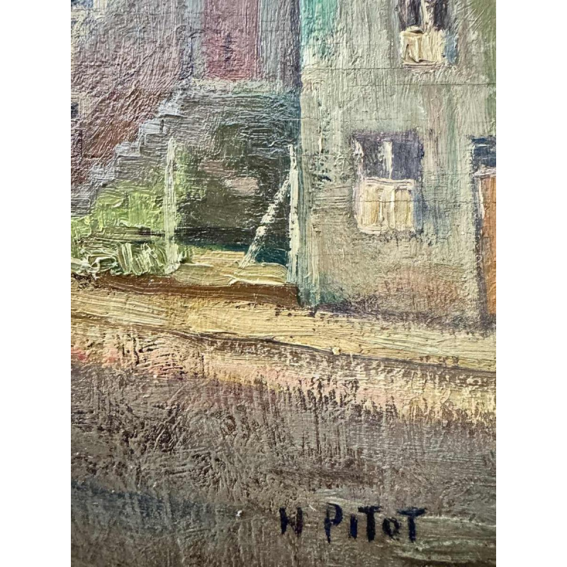 Nicolas PITOT 'Comblain-au-Pont en de Sint-Martinus toren' schilderij olieverf op paneel, ca 1950