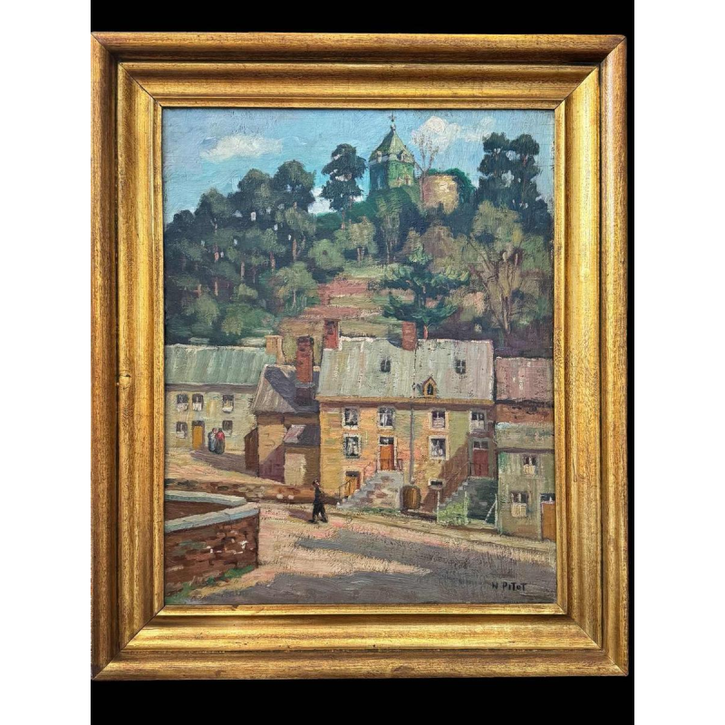 Nicolas PITOT 'Comblain-au-Pont en de Sint-Martinus toren' schilderij olieverf op paneel, ca 1950