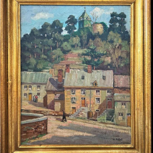 Nicolas PITOT ‘Comblain-au-Pont and the Saint Martin tower’ painting oil on panel, ca 1950