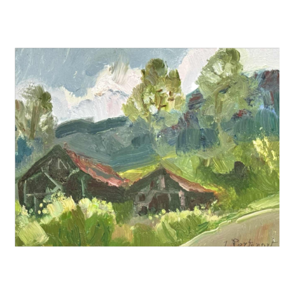 Jeanne PORTENART « Séchoirs à tabac sur la route de Membre-sur-Semois » peinture huile sur panneau