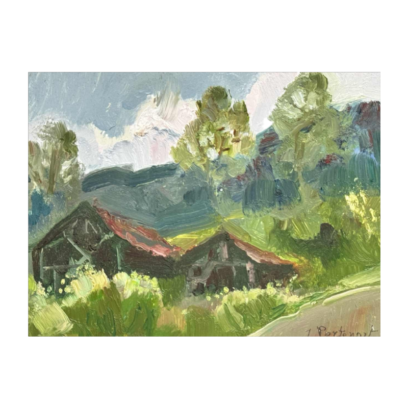 Jeanne PORTENART « Tobacco driers on the route of Membre-sur-Semois » painting oil on panel