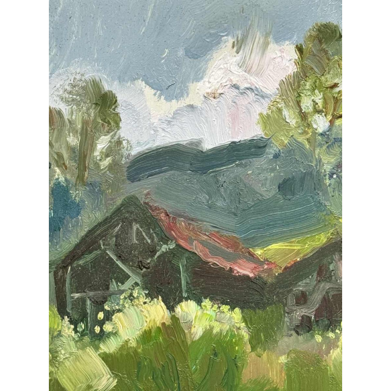 Jeanne PORTENART « Séchoirs à tabac sur la route de Membre-sur-Semois » peinture huile sur panneau