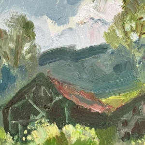 Jeanne PORTENART « Séchoirs à tabac sur la route de Membre-sur-Semois » peinture huile sur panneau