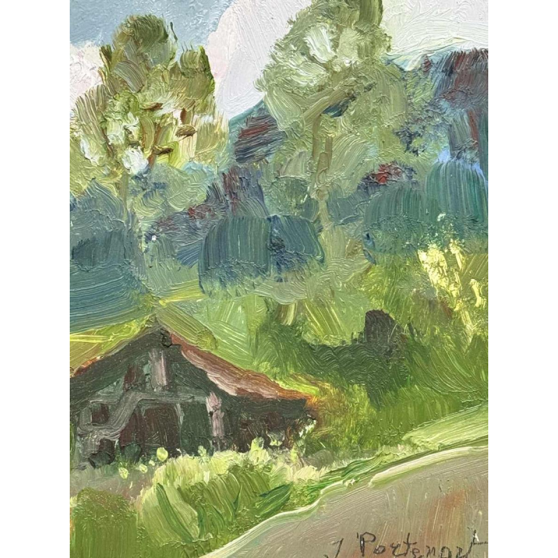 Jeanne PORTENART « Tabaksdrogers op de weg van Membre-sur-Semois » schilderij olieverf op paneel