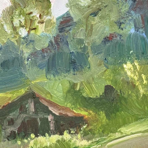 Jeanne PORTENART « Tobacco driers on the route of Membre-sur-Semois » painting oil on panel