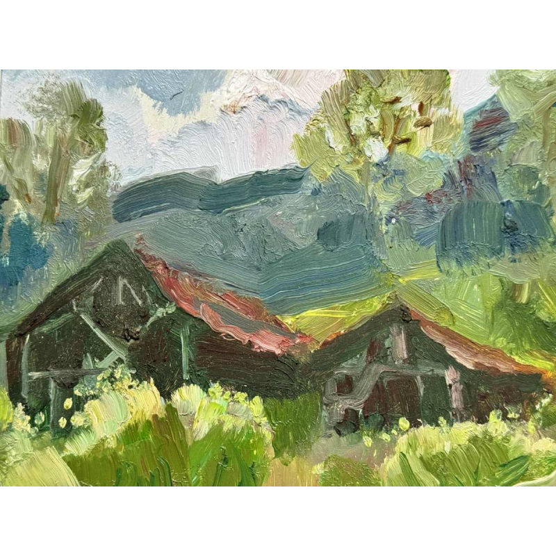 Jeanne PORTENART « Séchoirs à tabac sur la route de Membre-sur-Semois » peinture huile sur panneau