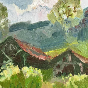 Jeanne PORTENART « Tobacco driers on the route of Membre-sur-Semois » painting oil on panel