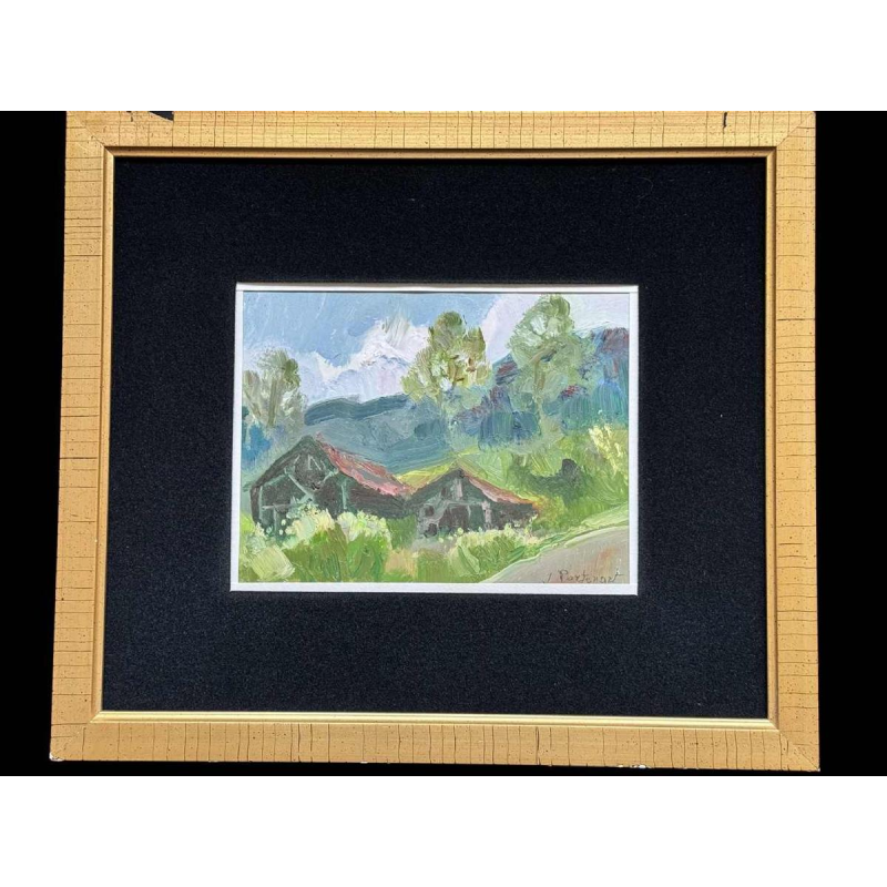 Jeanne PORTENART « Tabaksdrogers op de weg van Membre-sur-Semois » schilderij olieverf op paneel