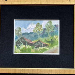 Jeanne PORTENART « Tobacco driers on the route of Membre-sur-Semois » painting oil on panel