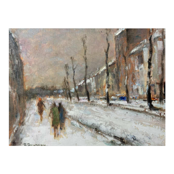 Réservé Roger BERCKMANS « dans la rue enneigée » huile sur carton