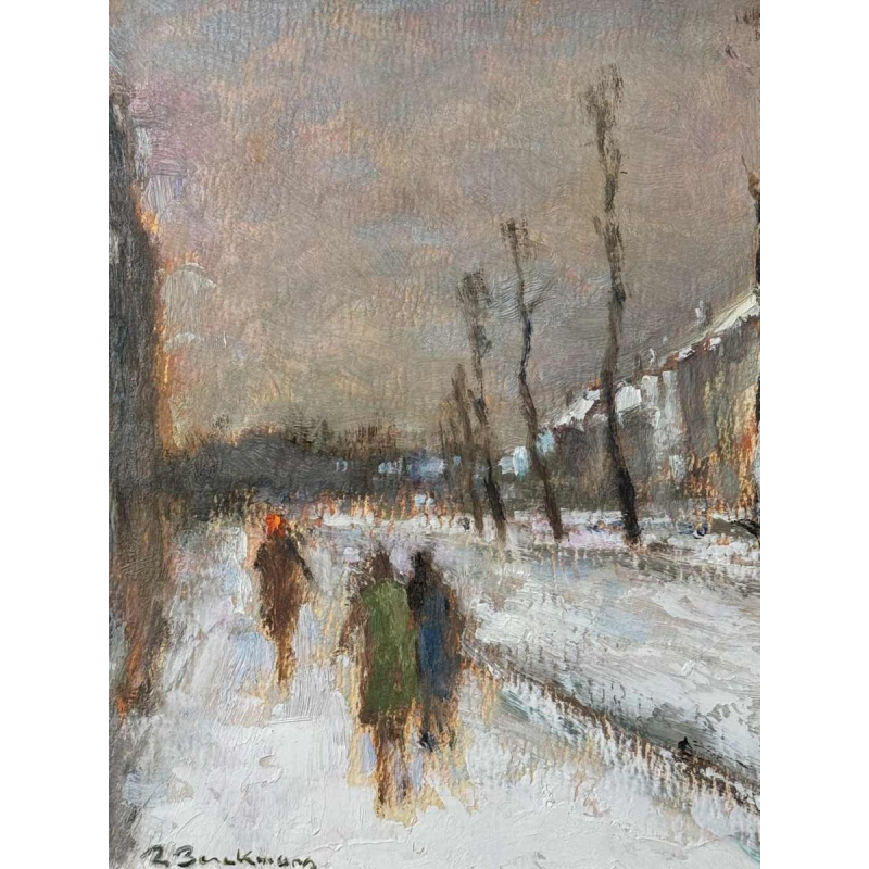 Gereserveerd Roger BERCKMANS " in de besneeuwde straat " olieverf op karton