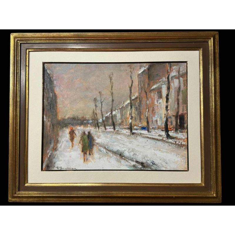 Réservé Roger BERCKMANS « dans la rue enneigée » huile sur carton