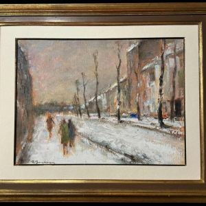 Option to buy Roger BERCKMANS "in the snowy street" oil on cardboard