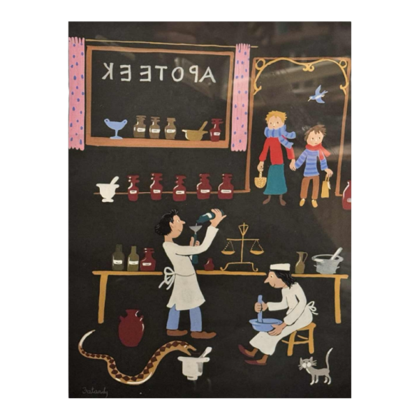 Marie-Louise BATARDY “Apotheek” gouache op papier, origineel werk, ca 1980