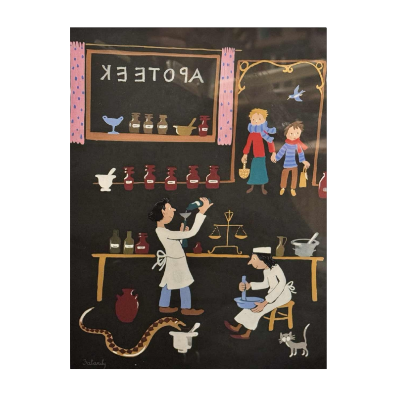 Marie-Louise BATARDY « Pharmacie » gouache sur papier, uvre originale, ca 1980