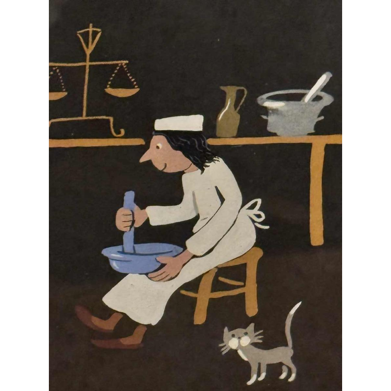 Marie-Louise BATARDY “Apotheek” gouache op papier, origineel werk, ca 1980