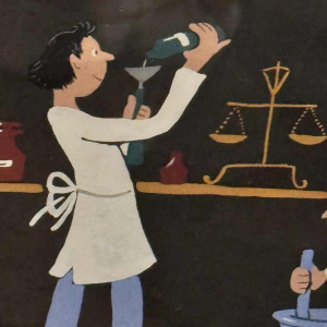 Marie-Louise BATARDY “Apotheek” gouache op papier, origineel werk, ca 1980