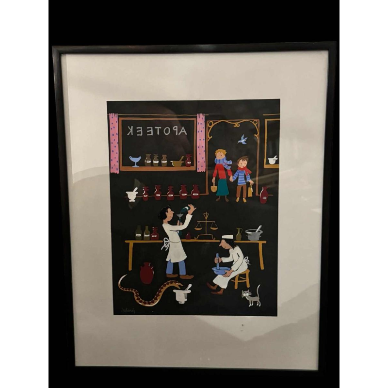 Marie-Louise BATARDY « Pharmacie » gouache sur papier, uvre originale, ca 1980