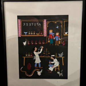 Marie-Louise BATARDY « Pharmacie » gouache sur papier, uvre originale, ca 1980