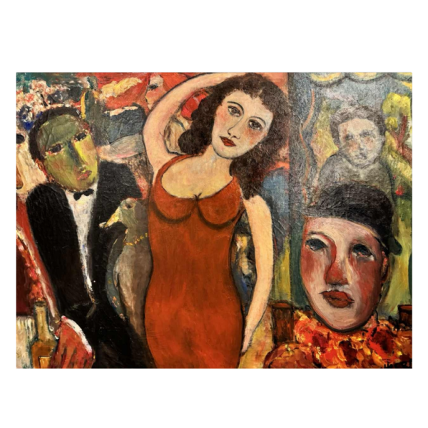 Marcel HOCQ « Dame in de rode jurk bij het circus » schilderij olie op doek