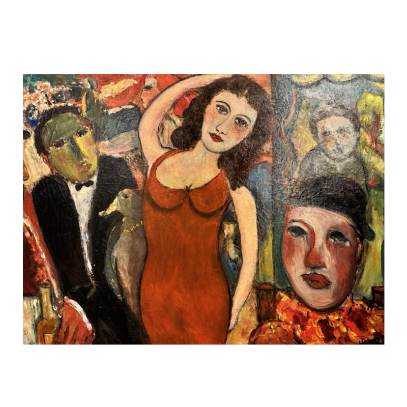Marcel HOCQ "Dame à la robe rouge au cirque » peinture huile sur toile