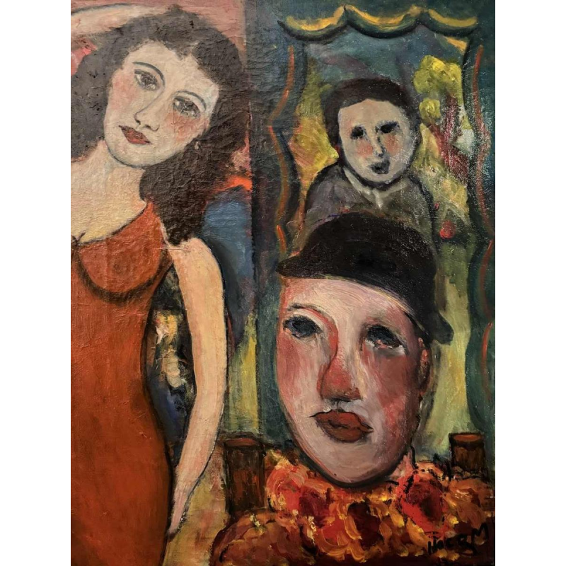 Marcel HOCQ « Dame in de rode jurk bij het circus » schilderij olie op doek