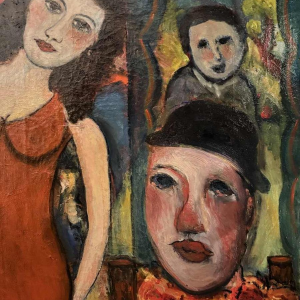 Marcel HOCQ « Dame in de rode jurk bij het circus » schilderij olie op doek