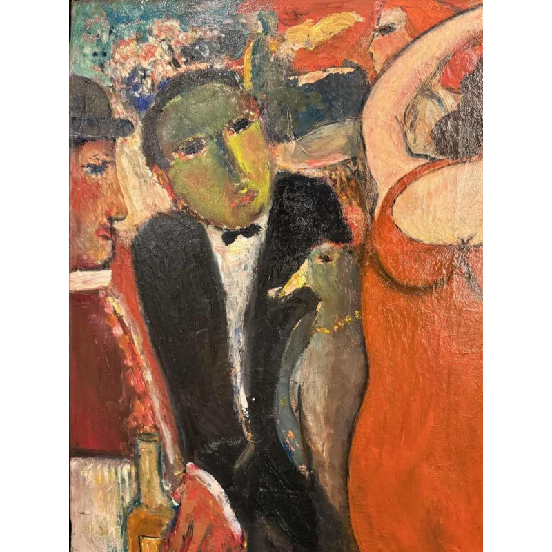 Marcel HOCQ « Dame in de rode jurk bij het circus » schilderij olie op doek