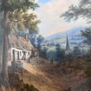 Michel T. A. Van Cuyck "Dorpszicht" (Grez-Doiceau?) olie op doek 1859