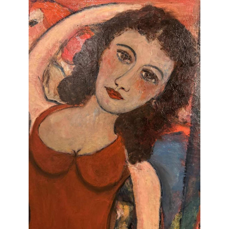 Marcel HOCQ « Dame in de rode jurk bij het circus » schilderij olie op doek