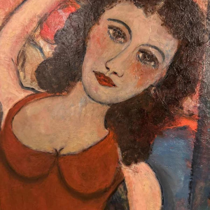 Marcel HOCQ « Lady in the red dress at the circus » painting oil on canvas