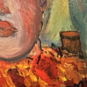 Marcel HOCQ « Dame in de rode jurk bij het circus » schilderij olie op doek