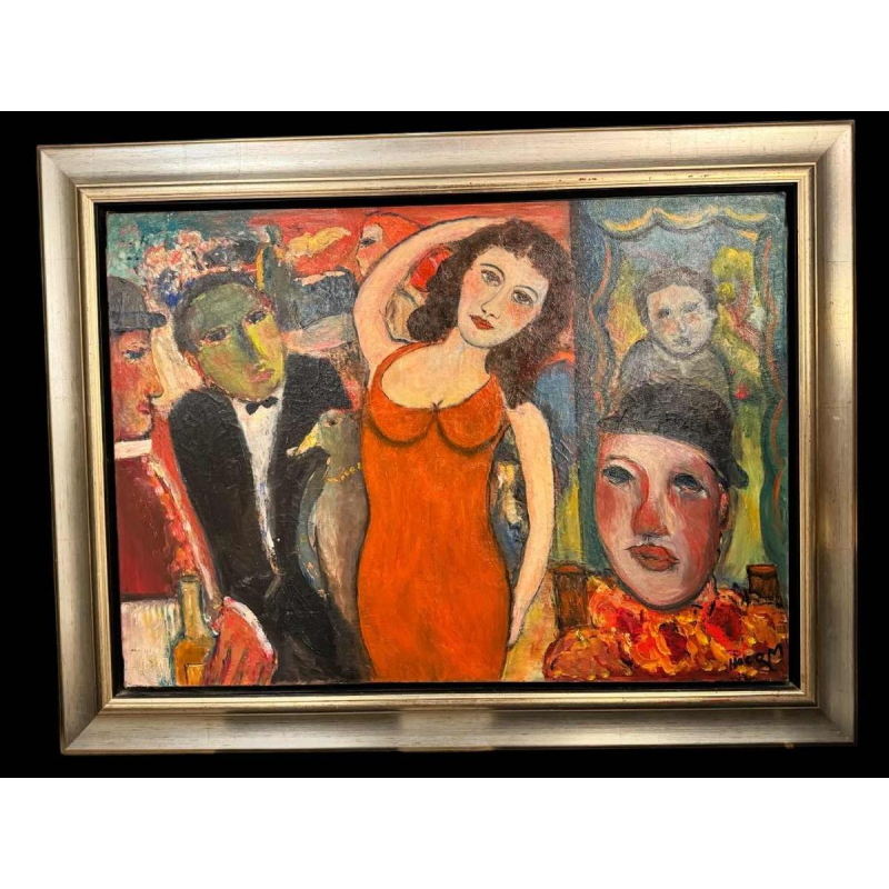 Marcel HOCQ « Lady in the red dress at the circus » painting oil on canvas