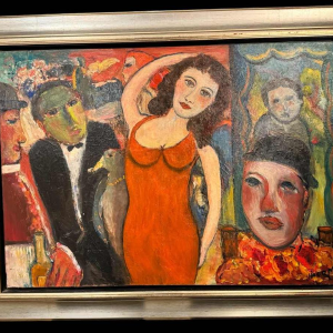 Marcel HOCQ "Dame à la robe rouge au cirque » peinture huile sur toile