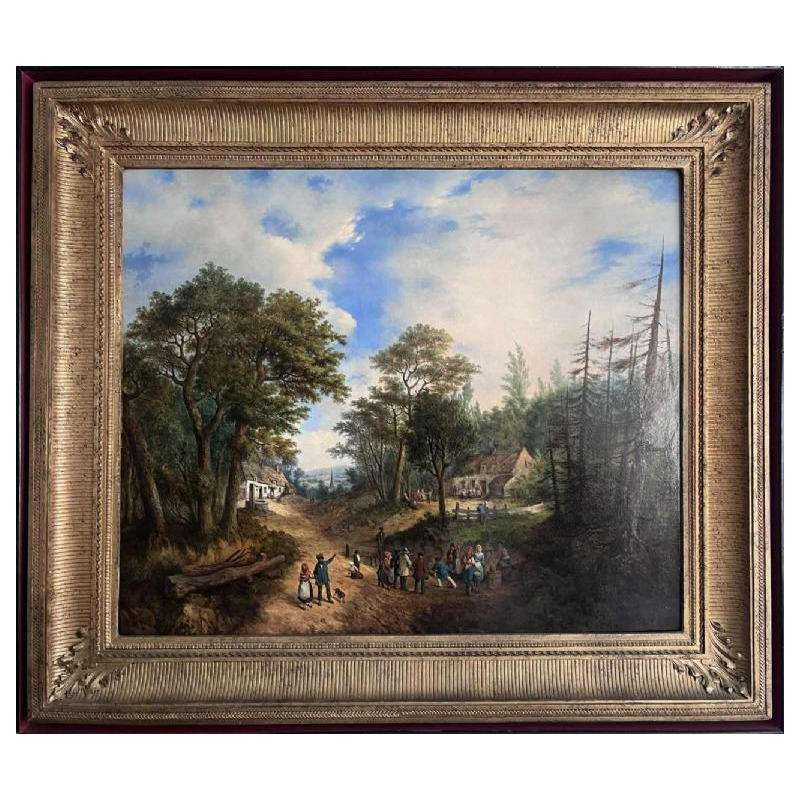 Michel T. A. Van Cuyck "Village Vista" (Grez-Doiceau?) oil on canvas 1859