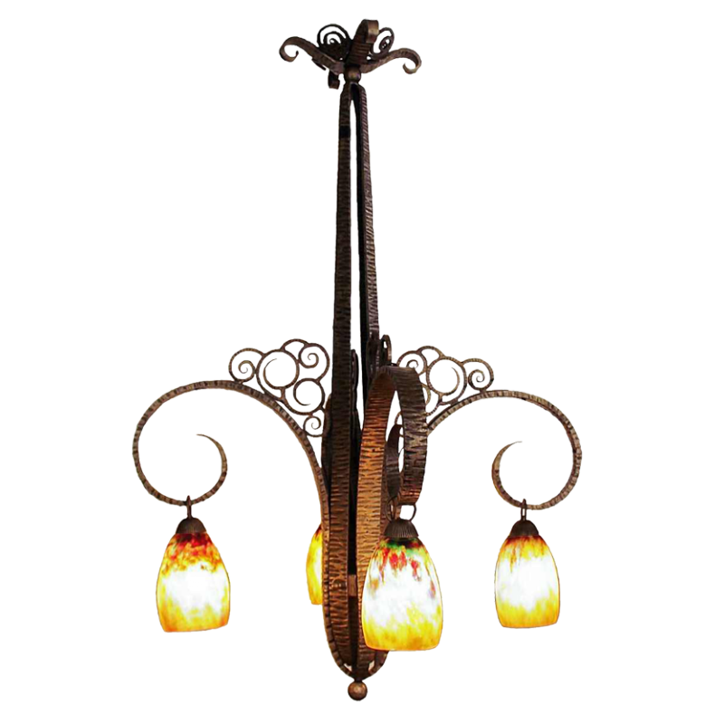 SOLD.SUSPENSION CIRCA 1920 DAUM NANCY AVEC UNE MONTURE EN FER FORGE DE NICKS